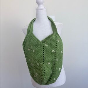 Green Knit Halter Top with White Accents